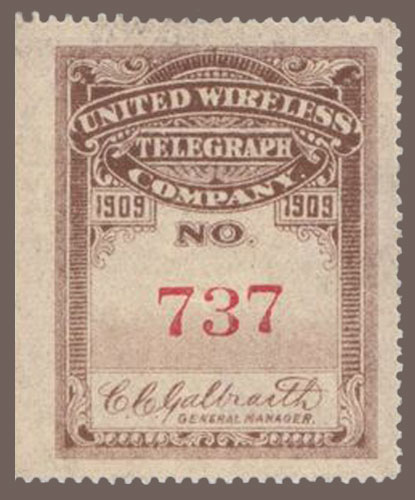 US 1909 United Wireless Telegraph Company 'Frank.' 0c. Barefoot UW2