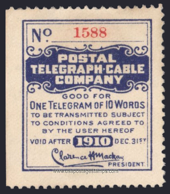 US 1910 Postal Telegraph-Cable Company 'Frank' 0c. Scott. 15T34