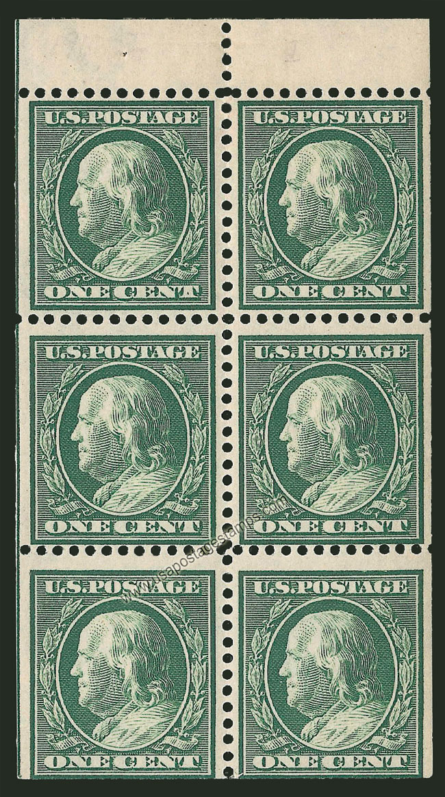 US 1910 Benjamin Franklin (1706-1790) Booklet Pane 1c.x6 Scott. 374a