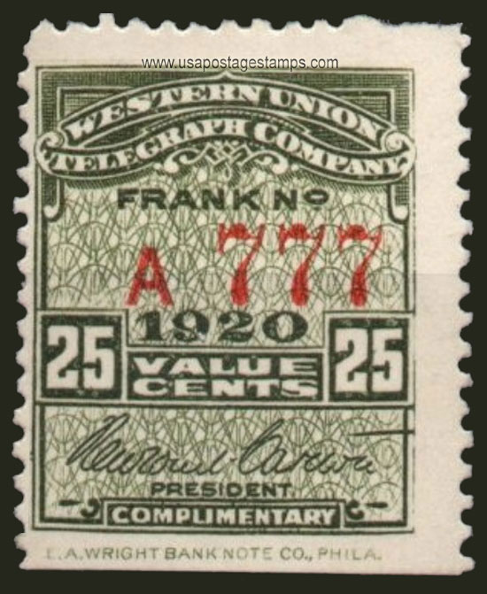US 1920 Western Union Telegraph Company 'Frank' 25c. Scott. 16T58
