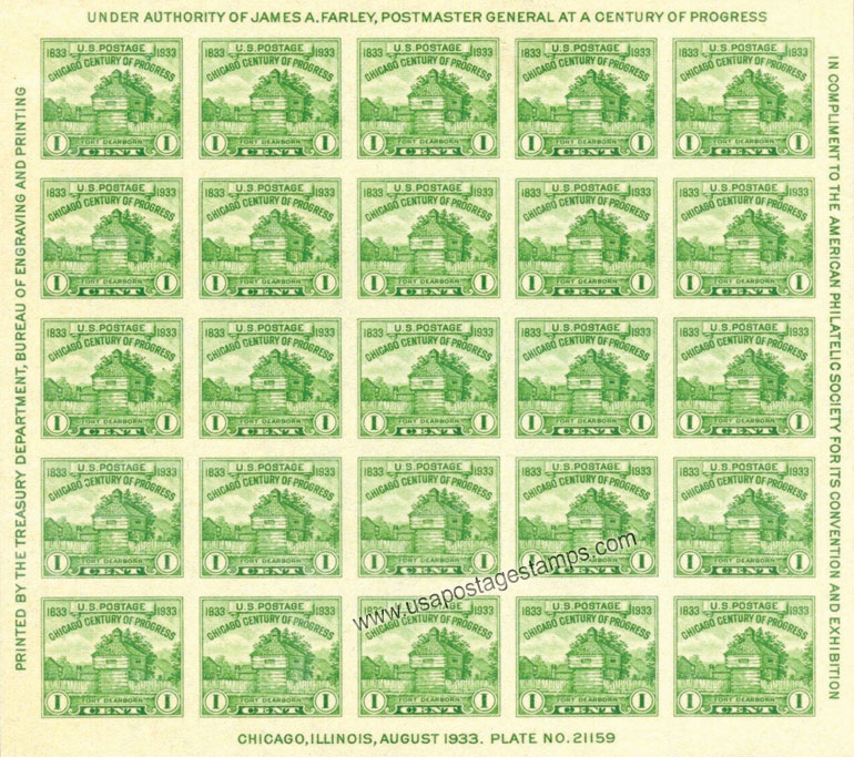 US 1933 Chicago Century of Progress 'Fort Dearborn' Imperf. 1c.x25 Scott. 730