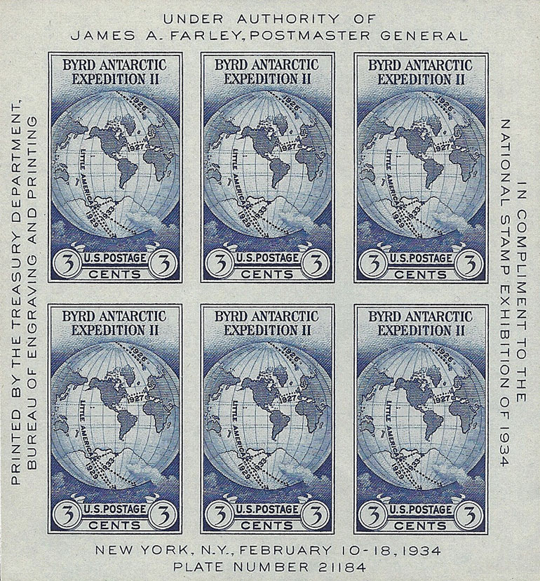 US 1934 National Stamp Exhibition ; Byrd Antartic Expedition II 3c.X6 S/S Scott. 735