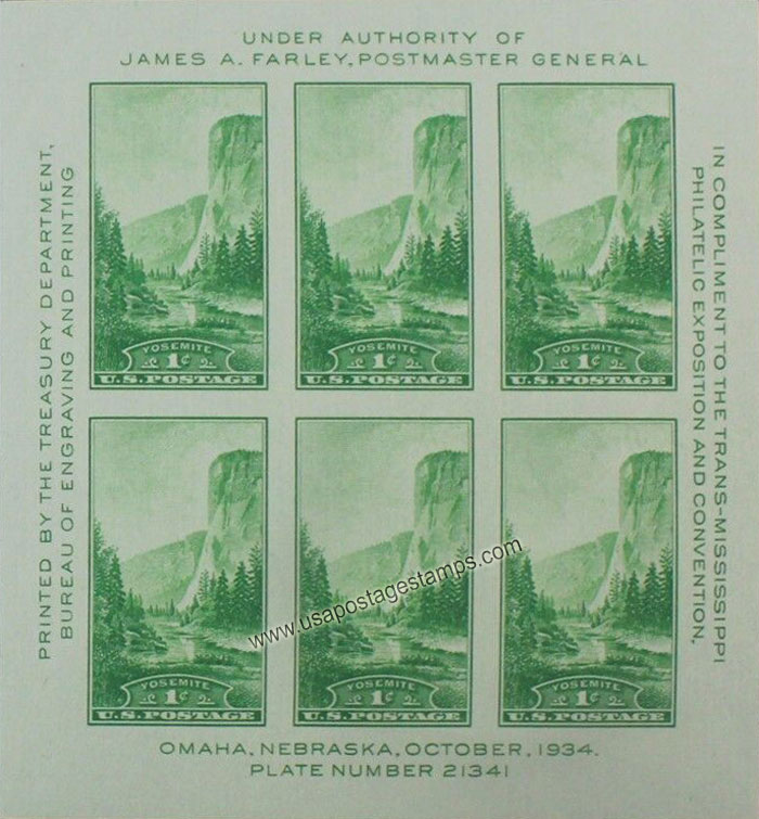 US 1934 Trans-Mississippi Philatelic Exposition ; Yosemite N.P 1c.x6 S/S Scott. 751