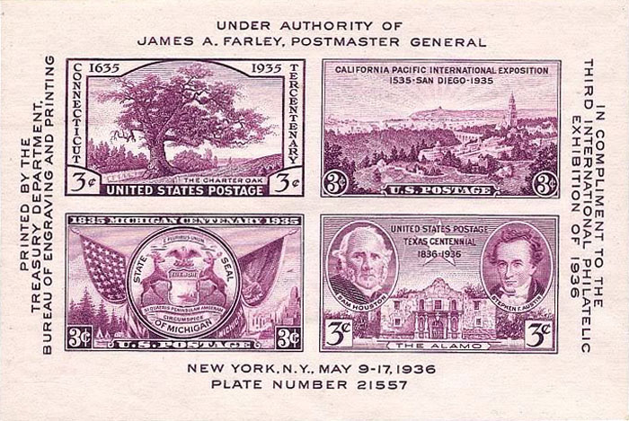 US 1936 Third International Philatelic Exhibition 'TIPEX' 3c.x4 Scott. 778 M/S