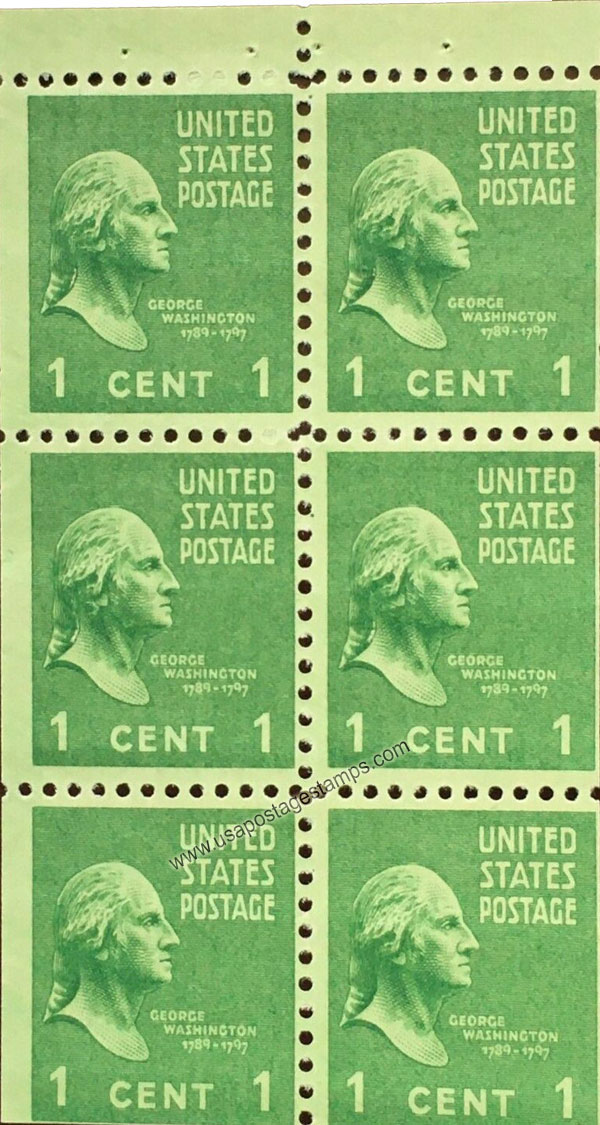 US 1938 George Washington (1732-1799) Booklet Pane 1c.x6 Scott. 804b