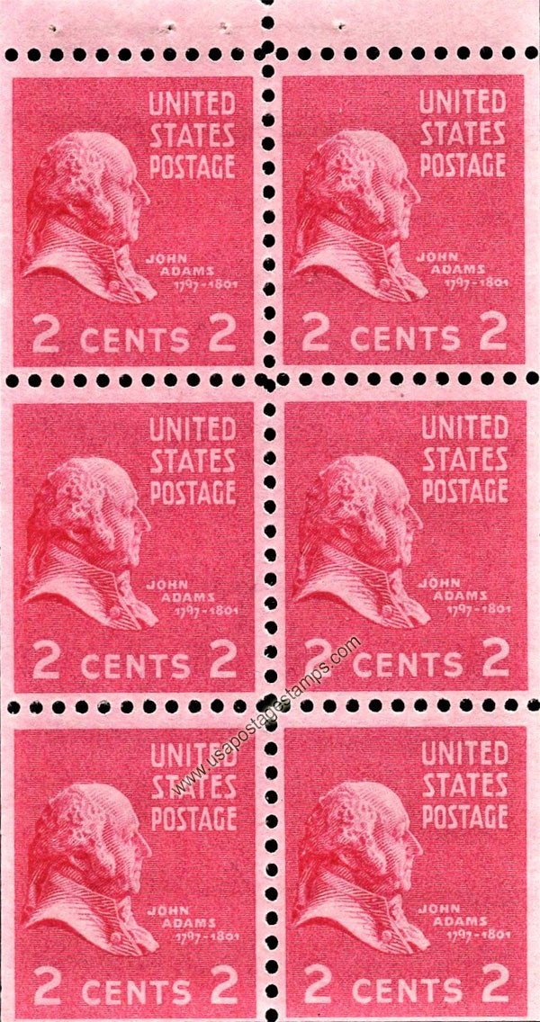 US 1938 John Adams (1735-1826) Booklet Pane 2c. Scott. 806b