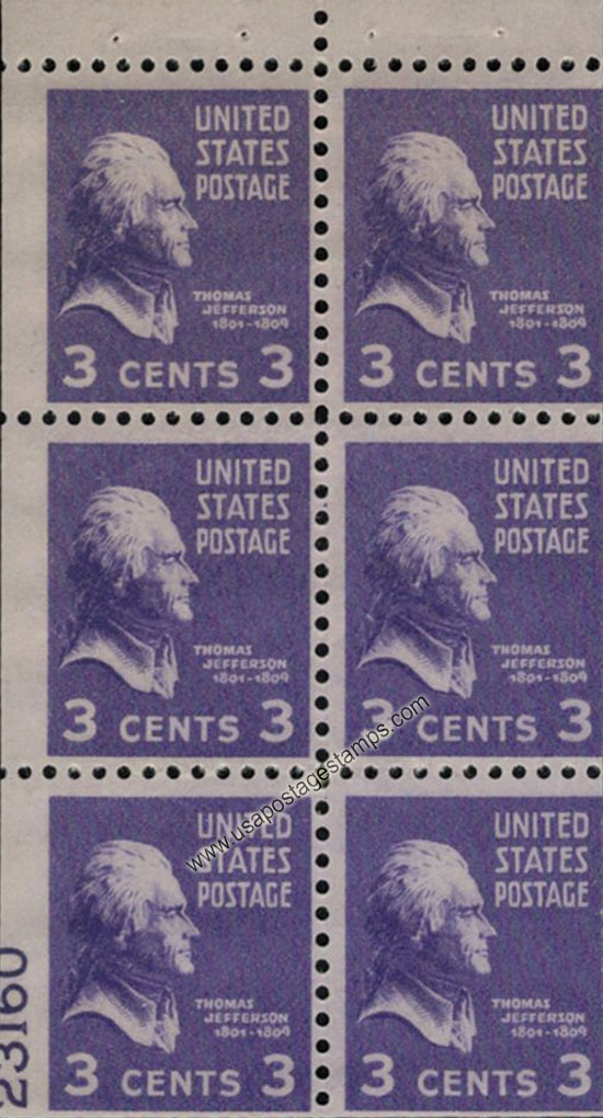 US 1938 Thomas Jefferson (1743-1826) Booklet Pane 3c. Scott. 807a