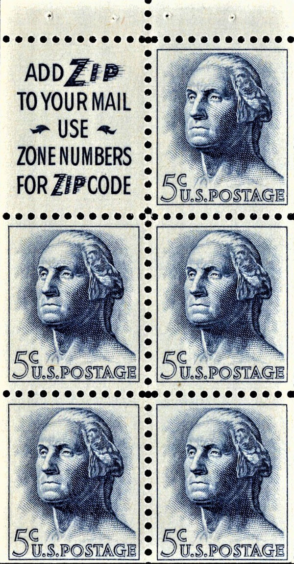 US 1962 George Washington (1732-1799) ; Booklet Pane 5c.x5 Scott. 1213c