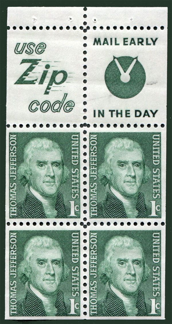 US 1968 Thomas Jefferson (1743-1826) ; Booklet Pane 1c.x4 Scott. 1278b
