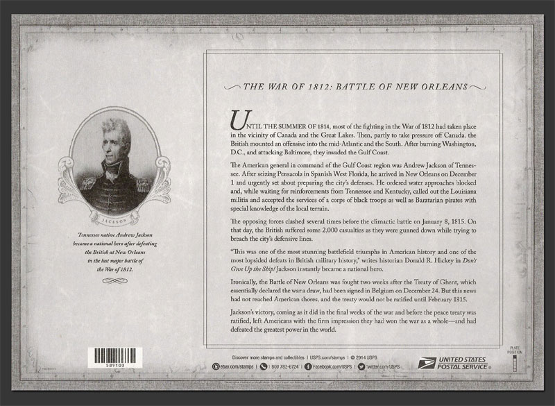 US 2015 Battle of New Orleans ; Full Sheet Reverse Scott. 4952MS