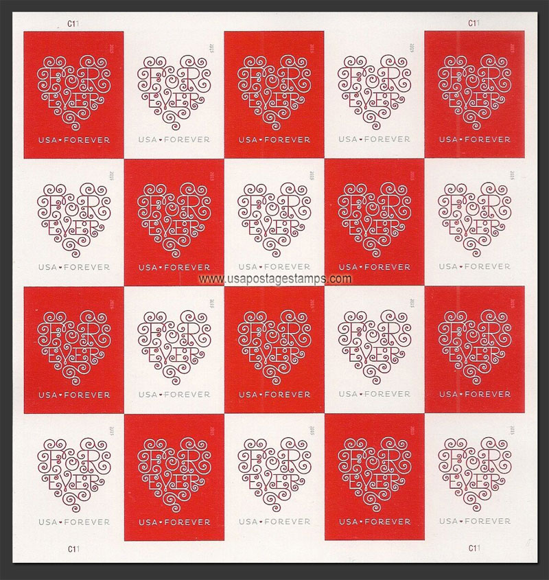 US 2015 Love Series - Lace Hearts ; Imperf. Full Sheet 49c.x20 Scott. 4956bMS