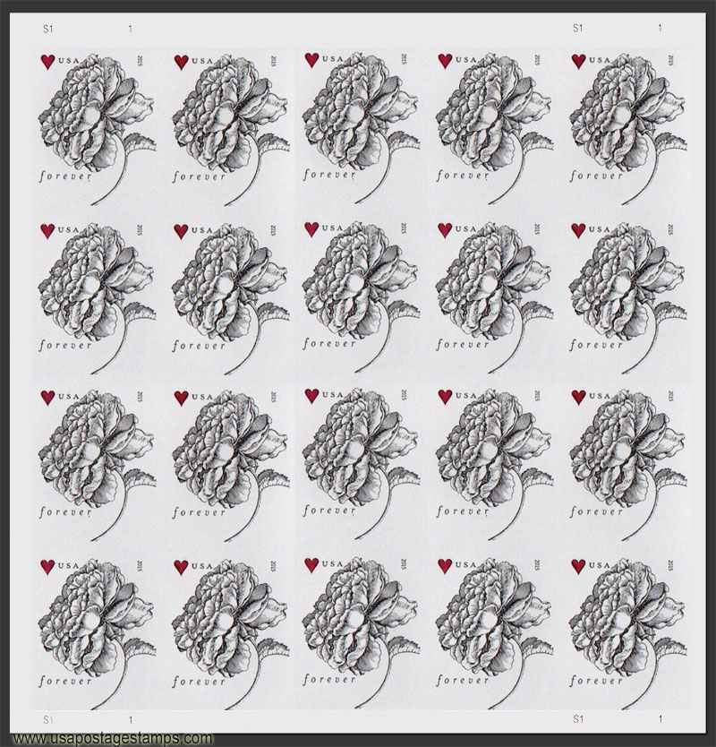 US 2015 Vintage Rose Flowers ; Imperf. Full Sheet 49c.x20 Scott. 4959aMS