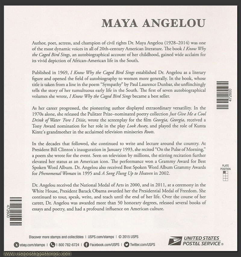 US 2015 Maya Angelou ; Full Sheet Reverse Scott. 4979MS