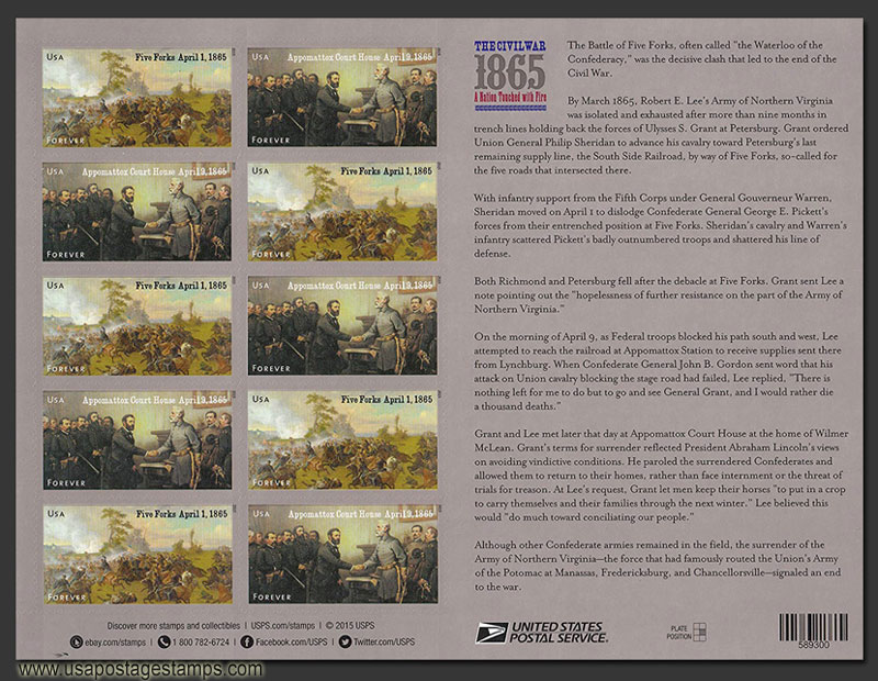 US 2015 Civil War 1865 ; Full Sheet 49c.x12 Scott. 4980-4981a
