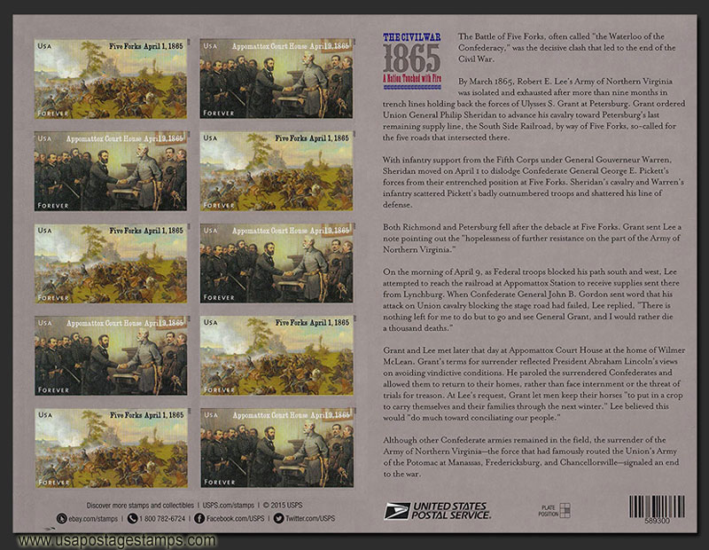 US 2015 Civil War 1865 ; Imperf. Full Sheet 49c.x12 Scott. 4980-4981b