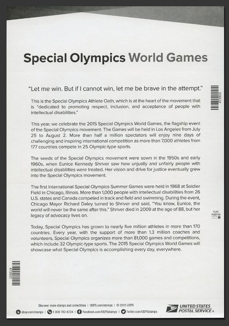 US 2015 Special Olympics World Games ; Reverse Scott. 4986MS