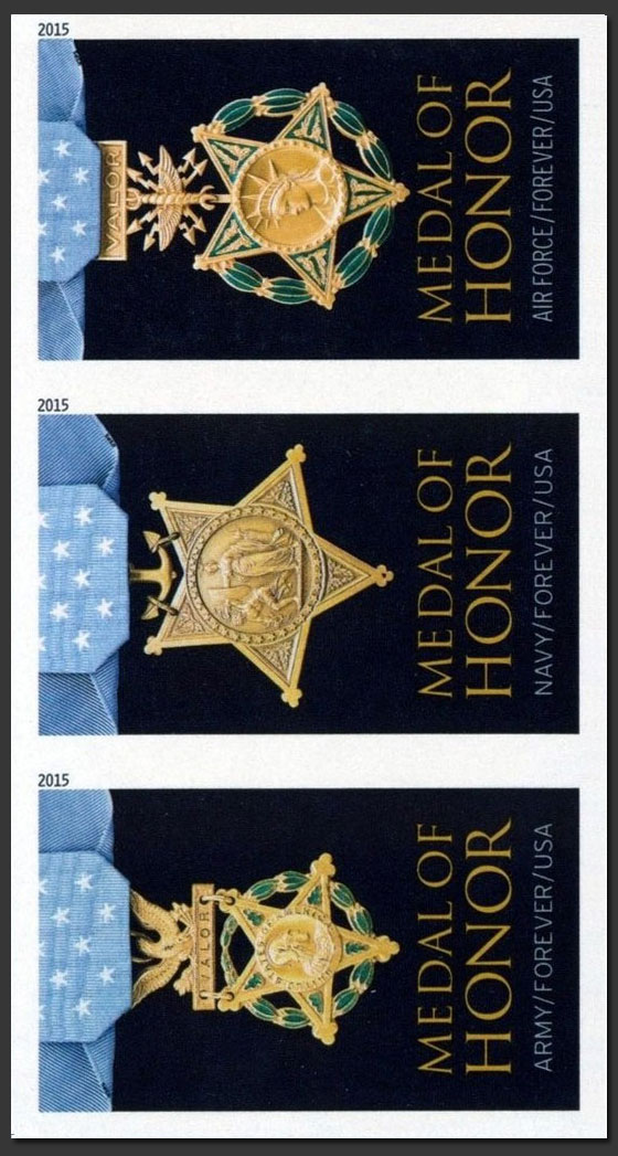 US 2015 Medal of Honor ; Imperf. Se-tenant 49c.x3 Scott. 4988b