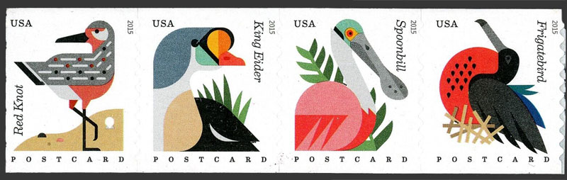 US 2015 Coastal Birds ; Coil Se-tenant 35c.x4 Scott. 4998a