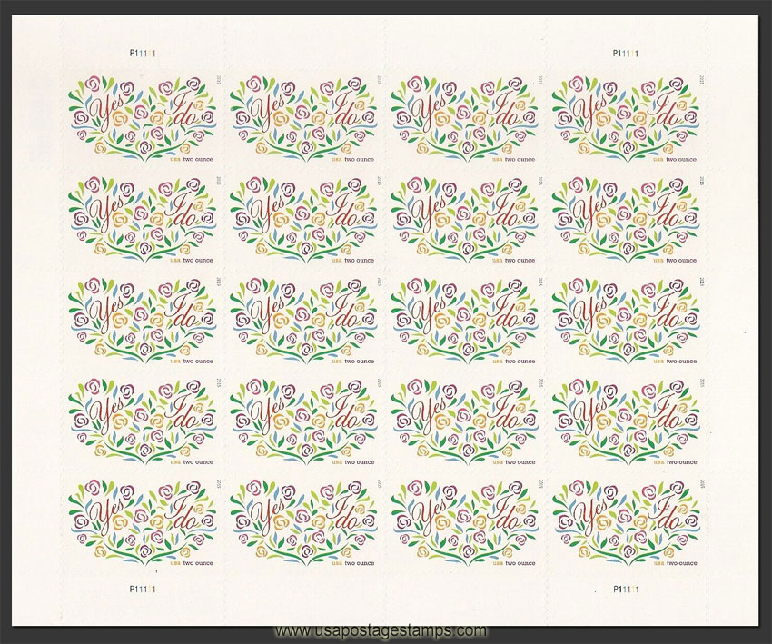 US 2015 Wedding : Yes I Do ; Full Sheet 71c.x20 Scott. 5001MS