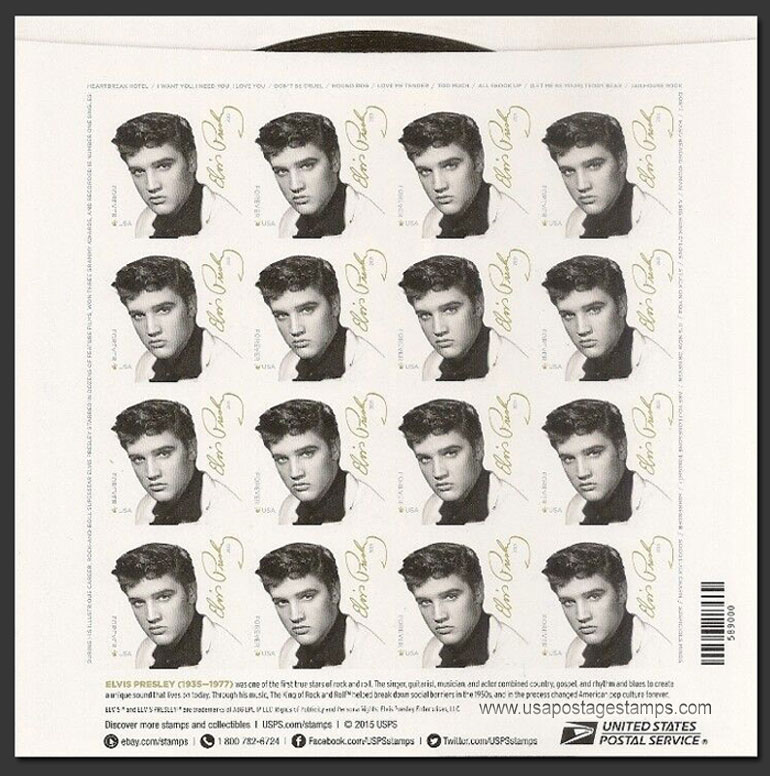 US 2015 Elvis Presley ; Imperf. Full Sheet 49c.x16 Scott. 5009aMS