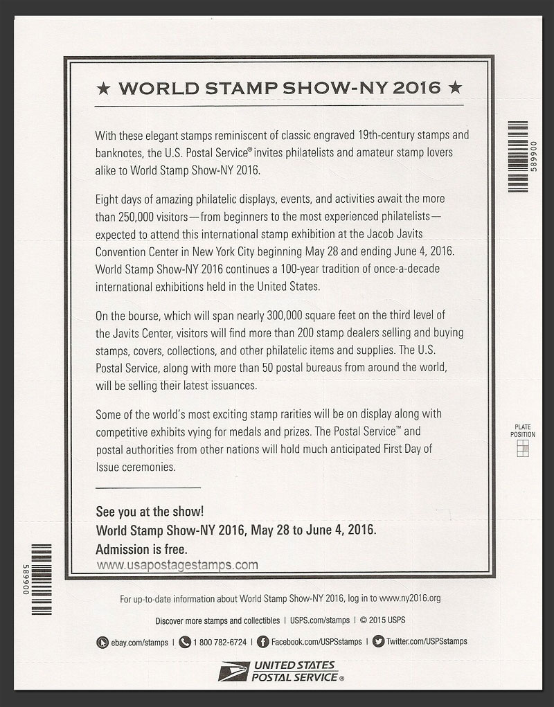 US 2015 World Stamp Show - NY 2016 ; Reverse Scott. 5011MS