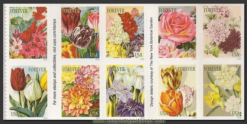 US 2016 Botanical Art ; Se-tenant 49c.x10 Scott. 5051a