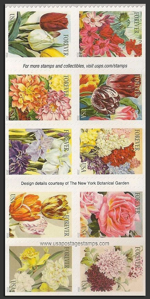 US 2016 Botanical Art ; Se-tenant 49c.x10 Scott. 5051a