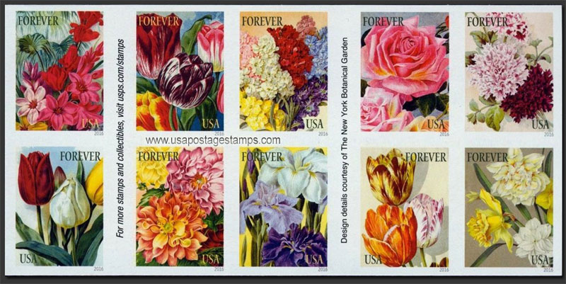 US 2016 Botanical Art ; Imperf. Se-tenant 49c.x10 Scott. 5051d
