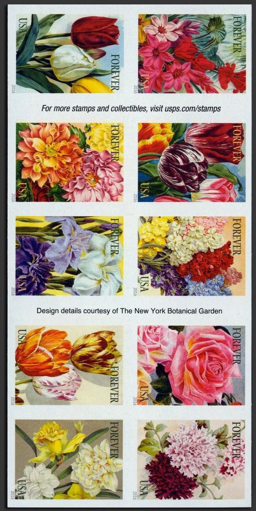 US 2016 Botanical Art ; Imperf. Se-tenant 49c.x10 Scott. 5051d