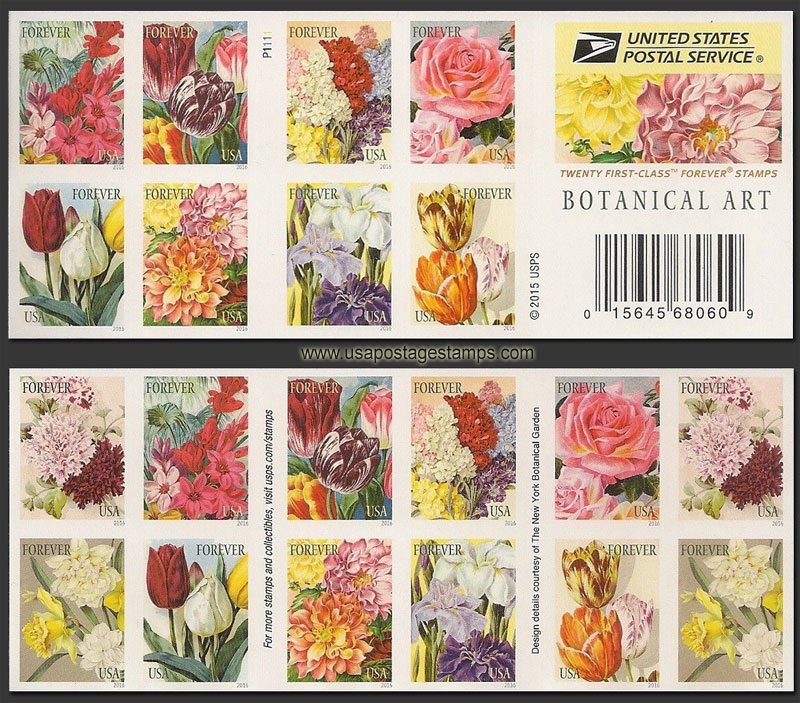 US 2016 Botanical Art ; Imperf. Booklet 49c.x20 Scott. 5051e