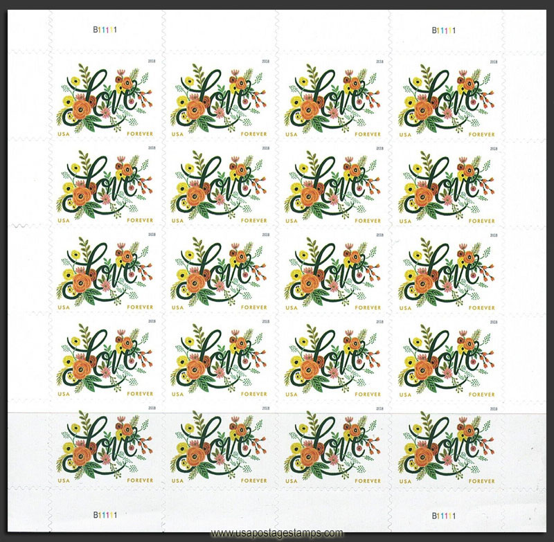 US 2018 Love Flourishes ; Full Sheet 49c.x20 Scott. 5255MS