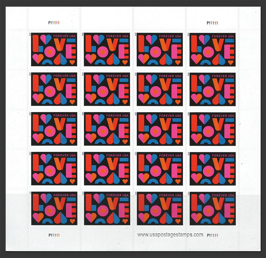 US 2021 'Love' Full Sheet 55c.X20 Scott. 5543MS