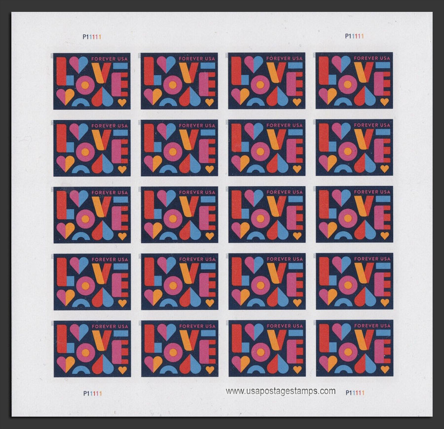US 2021 'Love' Imperf. Full Sheet 55c.X20 Scott. 5543aMS