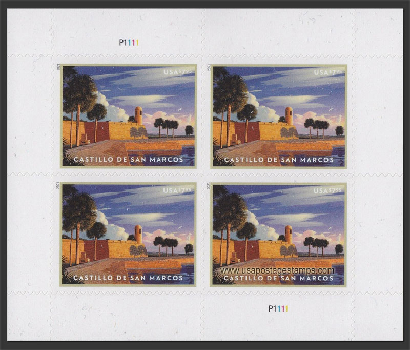 US 2021 Castillo de San Marcos, St. Augustine, FL ; Mini Sheet $7.95x4 Scott. 5554MS