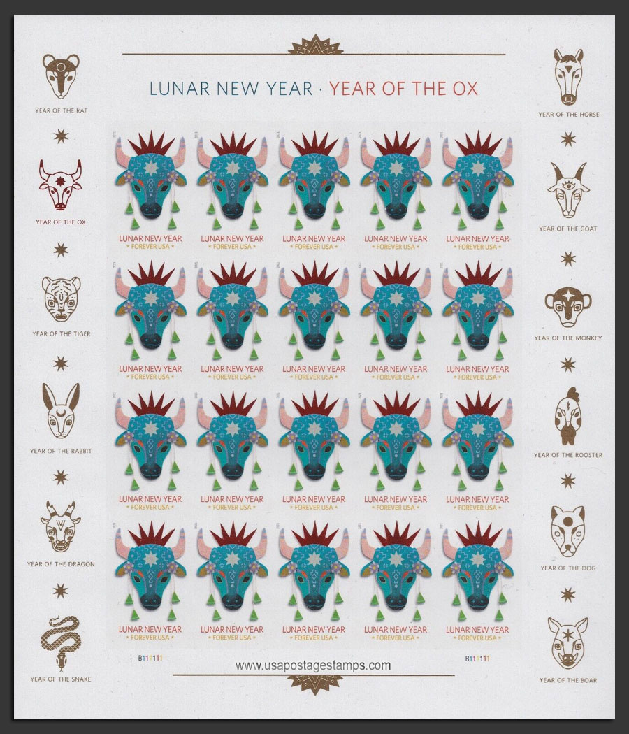 US 2021 Lunar New Year Ox ; Full Sheet 55c.x20 Scott. 5556MS
