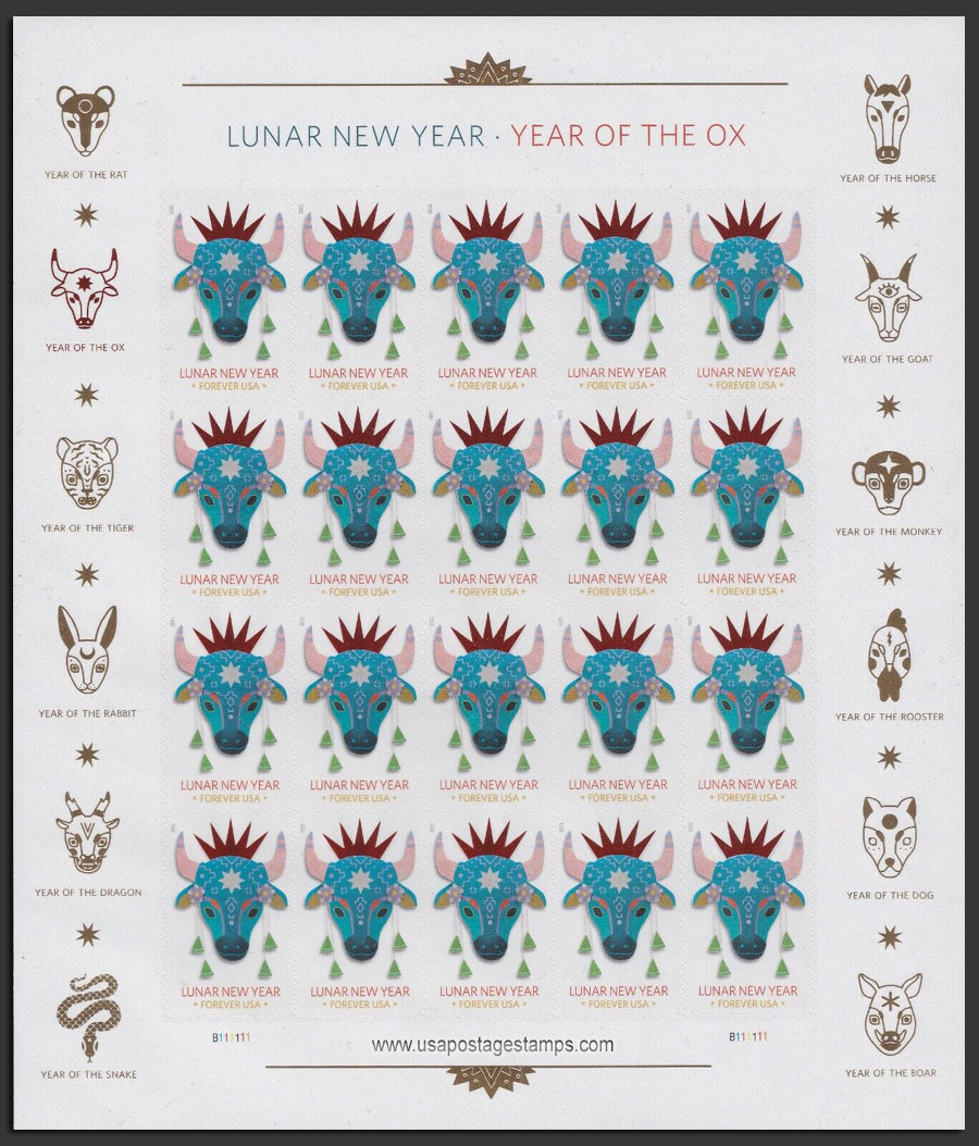 US 2021 Lunar New Year Ox ; Imperf. Full Sheet 55c.x20 Scott. 5556aMS
