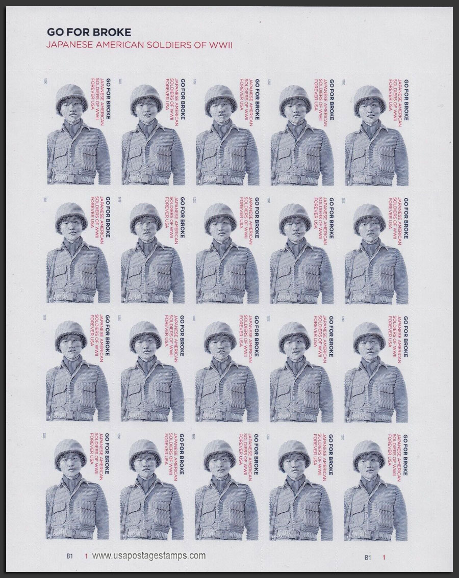 US 2021 Go For Broke: Japanese Soldiers of World War II ; Full Sheet 55c.x20 Scott. 5593MS