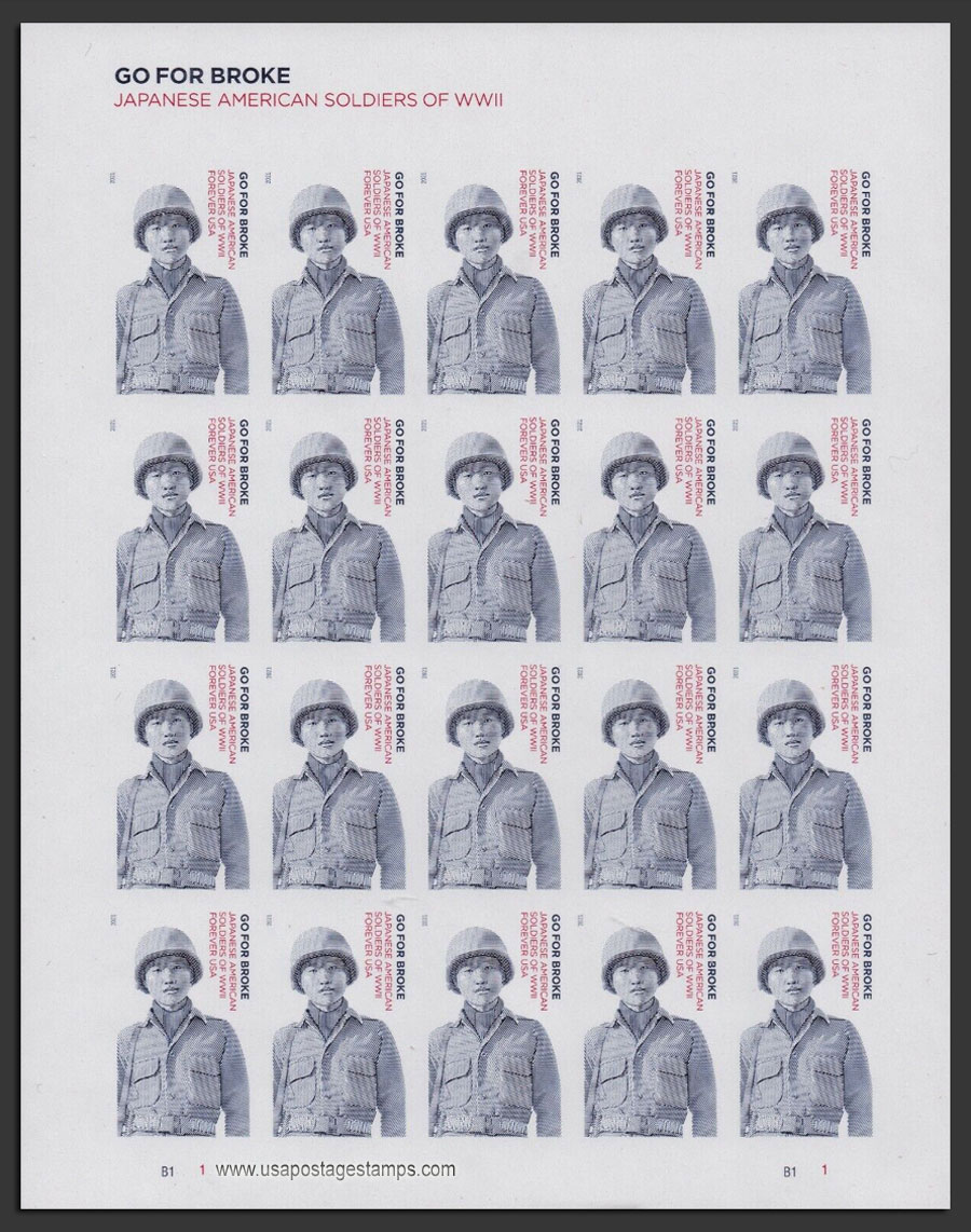 US 2021 Go For Broke: Japanese Soldiers of World War II ; Imperf. Full Sheet 55c.x20 Scott. 5593aMS