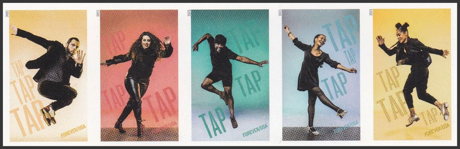 US 2021 Tap Dancing ; Imperf. Se-tenant 55c.x5 Scott. 5613c
