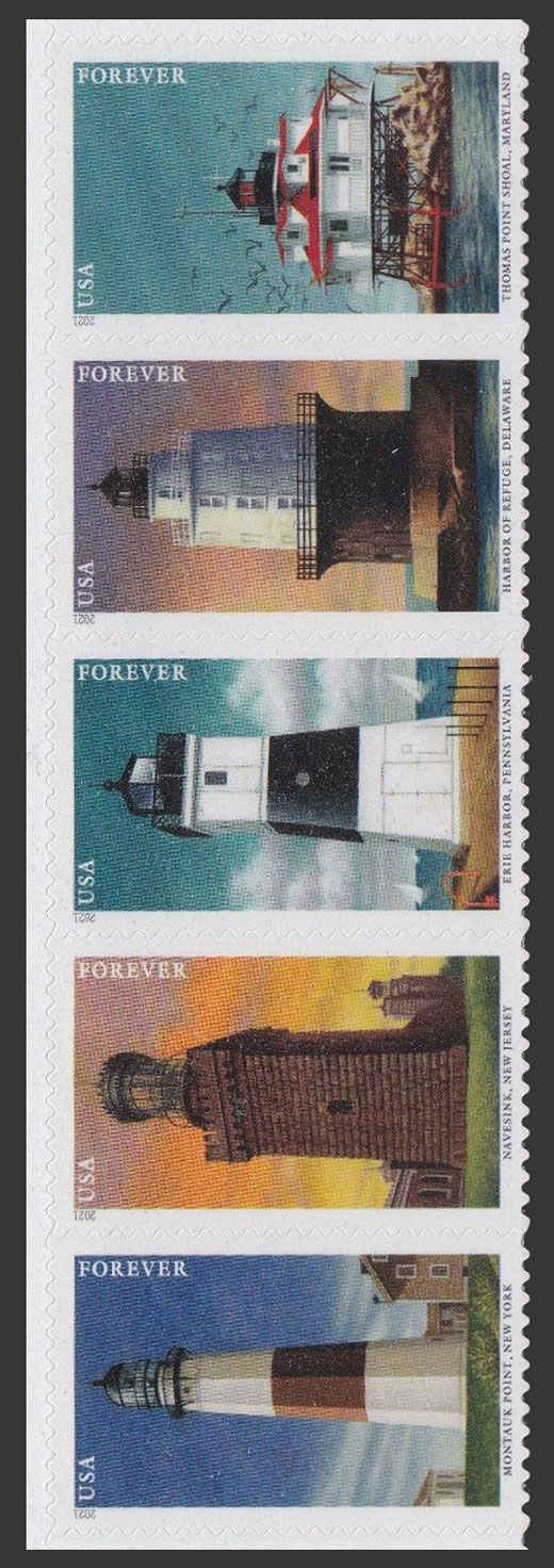 US 2021 Lighthouses of the Mid-Atlantic ; Se-tenant 55c.x5 Scott. 5625b