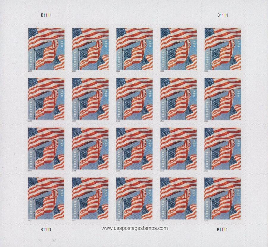US 2022 Flag of USA ; Full Sheet 58c. (FOREVER �)x20 Scott. 5654MS