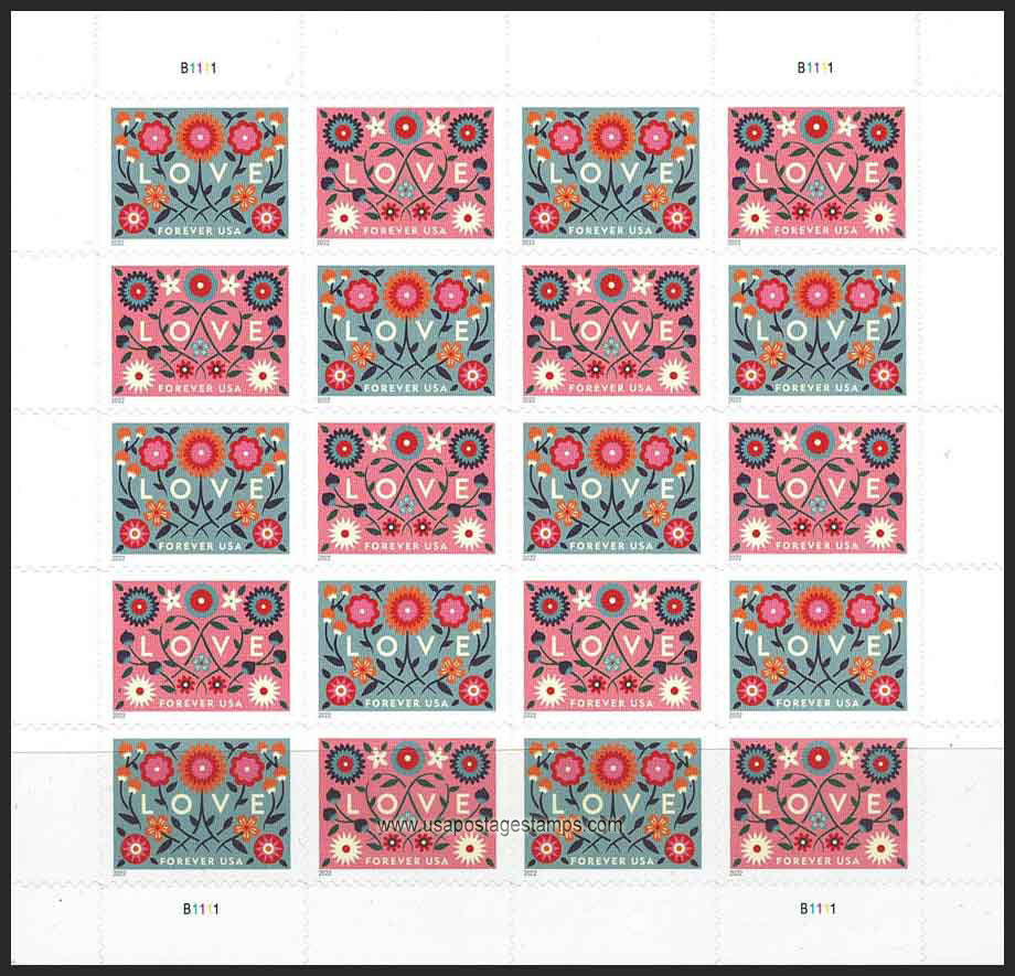 US 2022 Love ; Full Sheet 58c. (FOREVER �) x20 Scott. 5661aMS