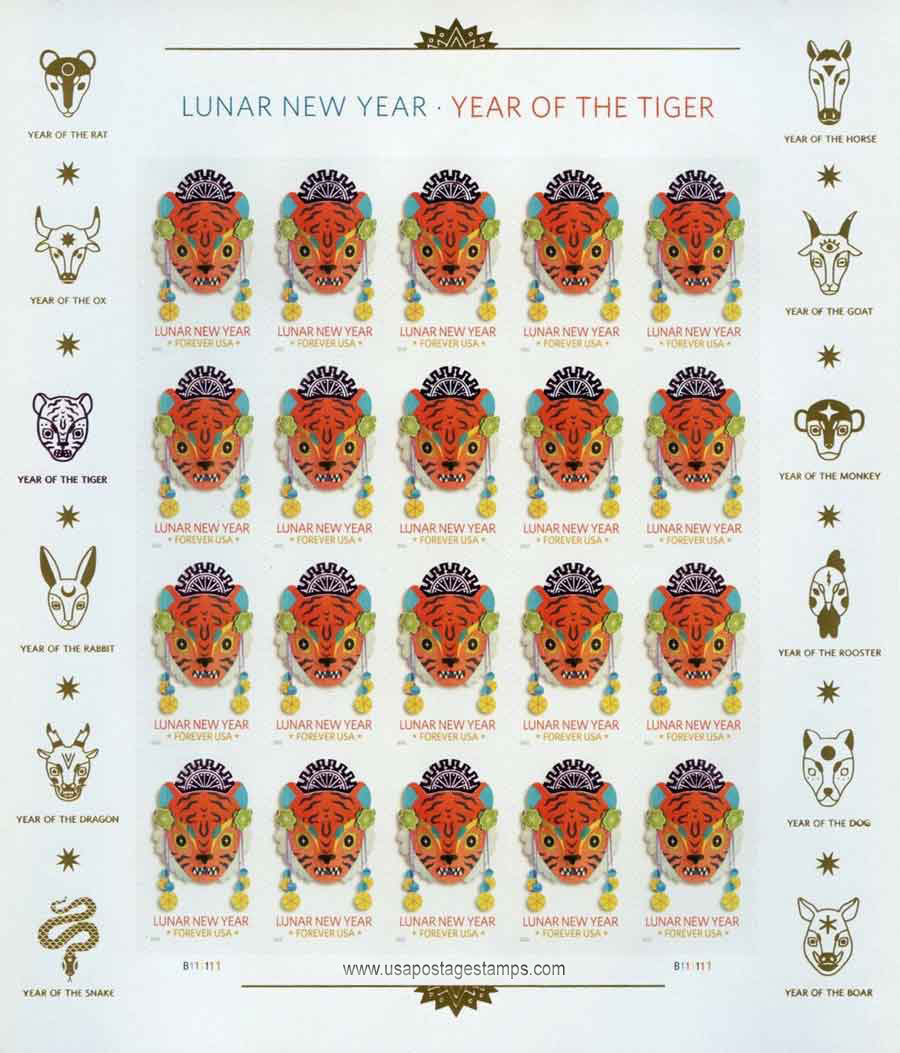 US 2022 Lunar New Year ; Tiger Full Sheet 58c. (FOREVER �) x20 Scott. 5662MS