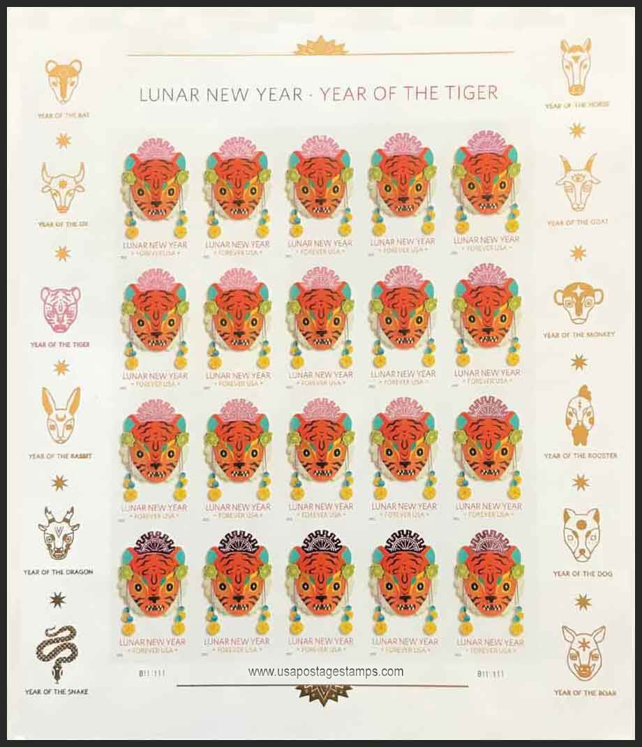 US 2022 Lunar New Year ; Tiger Full Sheet Imperf. 58c. (FOREVER �) x20 Scott. 5662aMS