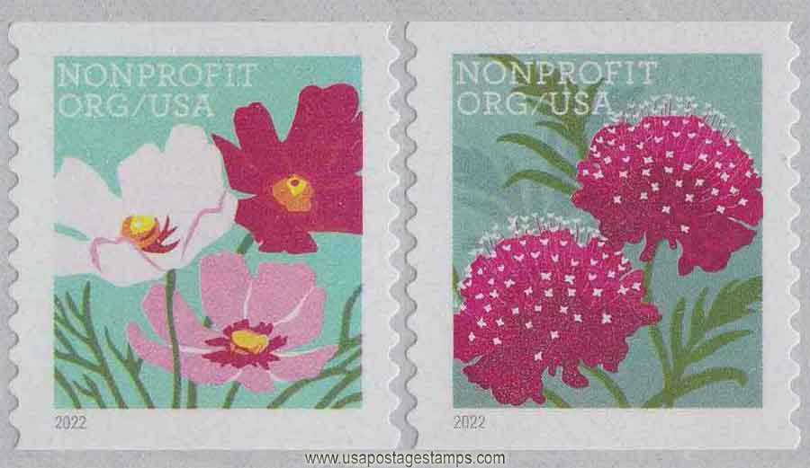 US 2022 Butterfly Garden Flowers ; Se-tenant Coil 5c. (Nonprofit Org �) x2 Scott. 5665a