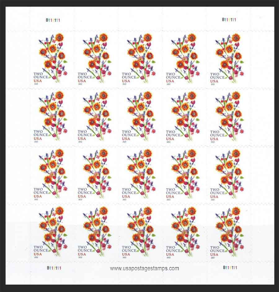 US 2022 Sunflower Bouquet ; Full Sheet 78c.x20 Scott. 5682MS