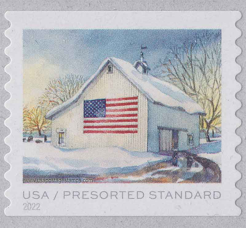 US 2022 Flag on White Barn in Winter ; Coil 10c. Scott. 5685