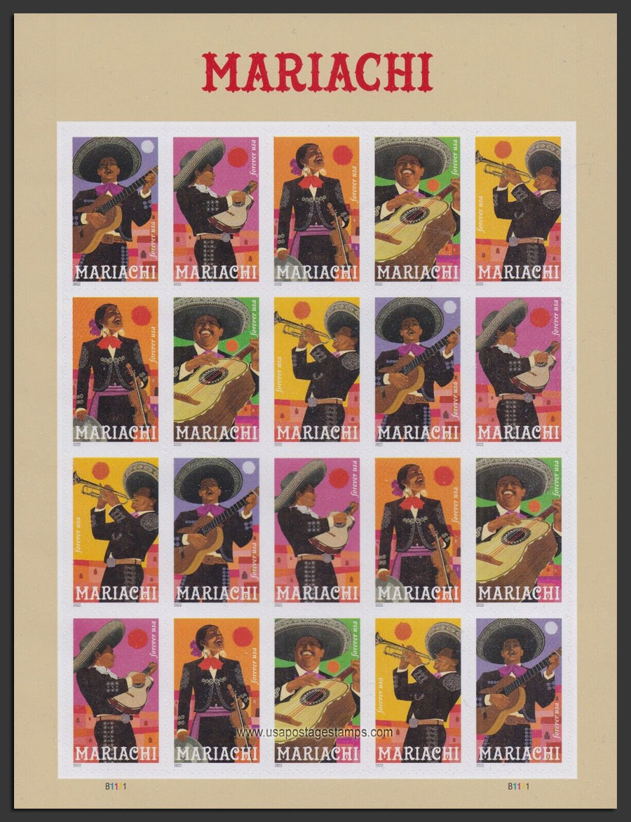 US 2022 Mariachi ; Full Sheet 60c.x20 Scott. 5703-5707MS