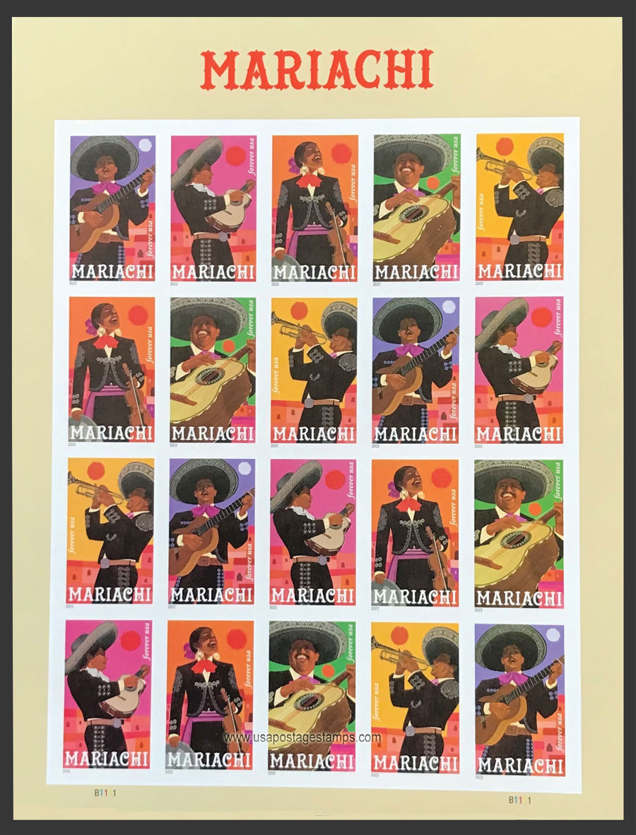 US 2022 Mariachi ; Full Sheet Imperf. 60c.x20 Scott. 5703a-5707aMS