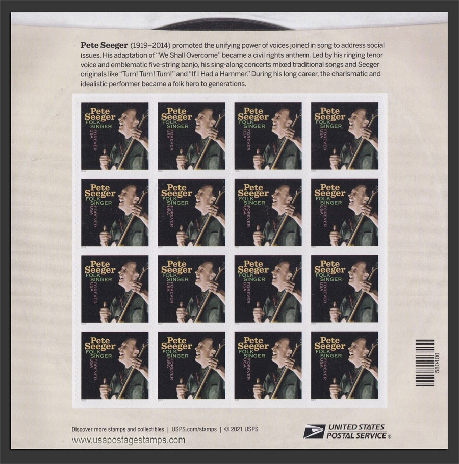 US 2022 Folk Musician Pete Seeger ; Full Sheet 60c.x16 Scott. 5708MS